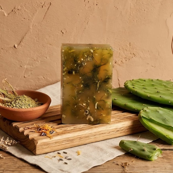 Jabón orgánico de nopal de Linaje de Barro, barra artesanal hecha a mano en México